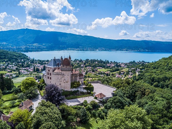 Annecy city, lake and castle from above, in southeastern France