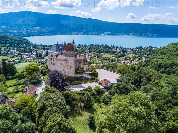 Annecy city, lake and castle from above, in southeastern France