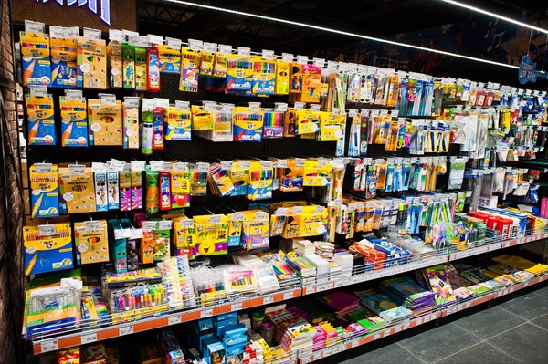 Kiev, Ukraine - September 4, 2019: Silpo supermarket. Stationery on the shelf of store.