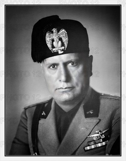 Benito Mussolini World War II 1940 studio portrait in uniform. 
(1883–1945) 1940 Benito Amilcare Andrea Mussolini, who went by the nickname “Il Duce” (“the Leader”), was an Italian dictator who created the Fascist Party in 1919 and eventually held all the power in Italy as the country’s prime minister from 1922 until 1943. An ardent socialist as a youth, Mussolini followed in his father's political footsteps but was expelled by the party for his support of World War I. As dictator during World War II, he overextended his forces and was eventually killed by his own people in Mezzegra, Italy.
