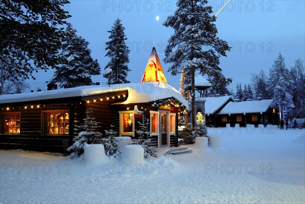 Finland, Lapland, Rovaniemi, 'Santa of Claus Village', building, illuminateds, dusk Scandinavia, Finnish Lapland, close polar circle, town, 'Santa of Claus Office', house, light, Christmas decoration, attraction, tourist attraction, place of interest, tourism, winter, snow, season