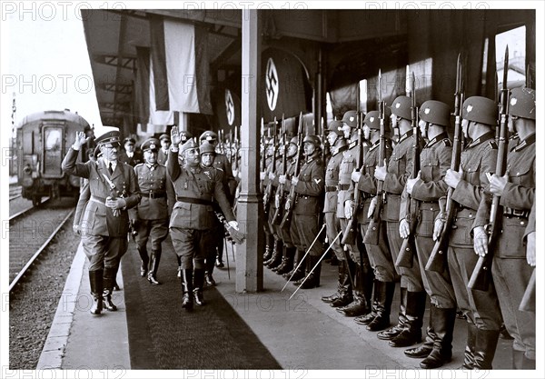 Adolf Hitler and Francisco Franco of Spain meet in Gare d'Hendaye in occupied France, October 1940 to discuss possible joint WW2 operations