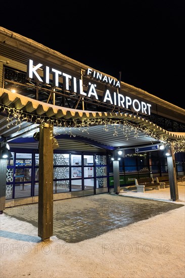 Exterior at night of Kittila Airport, Levintie, Kittilä, Lapland, Finland, taken at Christmas 2017