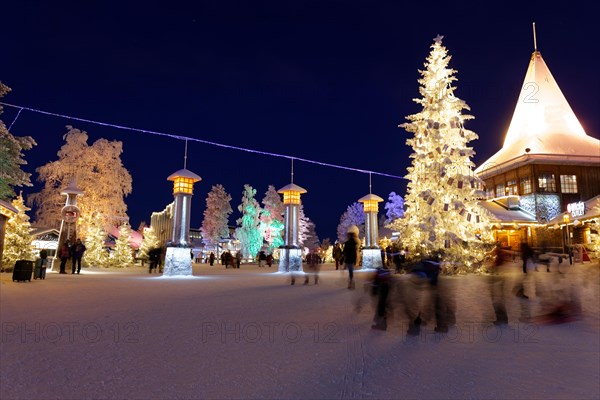 ROVANIEMI, FINLAND - December 16, 2016: Santa Claus holiday village and arctic circle line in Rovanimie. Finland.