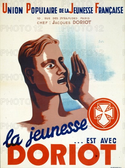 World War two, Collaborationist French propaganda poster for Jacques Doriot (1898 - 1945), a French politician prior to and during World War II. He began as a communist but then turned fascist. In 1922 he became a member of the Presidium of the Executive Committee of the Comintern, and a year later was made Secretary of the French Federation of Young Communists. elected to the French Chamber of Deputies (the Third Republic equivalent of the National Assembly) by the people of Saint Denis. Doriot was expelled from the Communist Party in 1934. Still a member of the Chamber of Deputies, his views