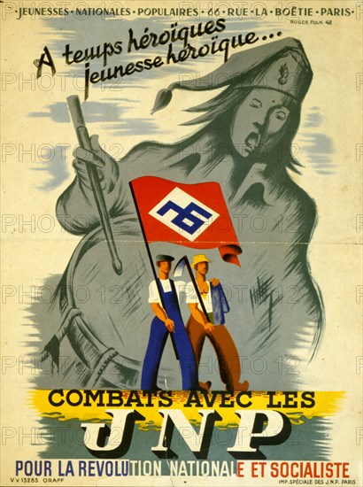 Propaganda poster for the French, Jeunesse Populaire Francaise,  a fascist youth movement created by Jacques Doriot and connected to his Parti Populaire Francais. It was established in October 1941 under the name l'Union de la Jeunesse Populaire Francaise (L'UJPF, The Union Of The French Popular Youth) and renamed to JPF in May 1942 when it merged with other smaller youth organizations