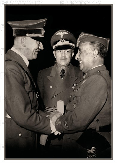 Adolf Hitler and Eberhard von Stohrer greeting General Franco at Hendaye, moments after arriving from his train at around 15:15. 23rd October 1940 Francisco Franco (1892 - 1975) Spanish general and dictator who governed Spain from 1939 to 1975 greeting Adolf Hitler, Nazi German dictator (1889 - 1945). meeting at Hendaye near the Spanish border.