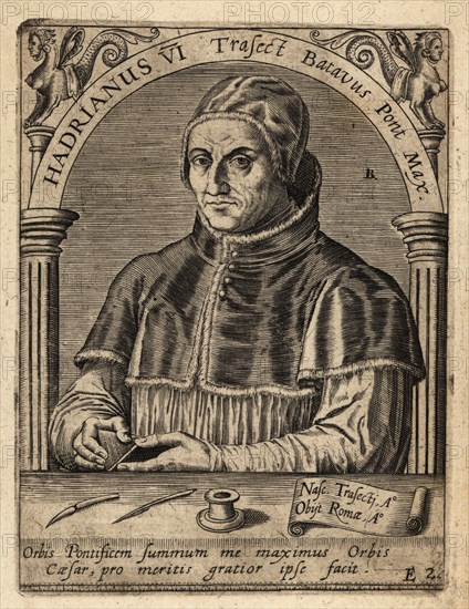 Pope Adrian VI, born Adriaan Florensz Boeyens, 1459-1523, was head of the Catholic Church and ruler of the Papal States. Hadrianus VI Traject Batavus Pont Max. Copperplate engraving by Johann Theodore de Bry from Jean-Jacques Boissard’s Bibliotheca Chalcographica, Johann Ammonius, Frankfurt, 1650.