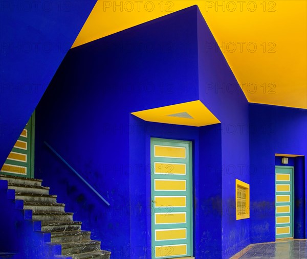 Villa with the famous cobalt blue colour at the centre of the Majorelle Garden.It was built 1923,later rediscovered by Yves Saint Laurent.Morocco.