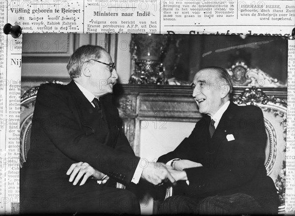 Leon Blum, prime minister of the provisional government of France, and A. Champetier de Ribes, President of the Conseil de la Republique Date: December 31, 1946 Location: France Keywords: councils, governments Person Name: Léon Blum, Champetier the Riber A
