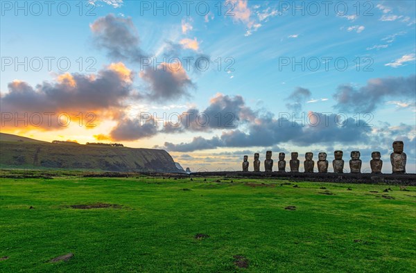 The Moai statues of Ahu Tongariki at Sunrise, Rapa Nui (Easter Island), Chile.