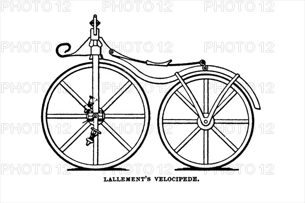 Lallement's Velocipede [Early bicycle with pedals on the front wheel] from The American bicycler: a manual for the observer, the learner, and the expert by Pratt, Charles E. (Charles Eadward), 1845-1898. Publication date 1879. Publisher Boston, Houghton, Osgood and company