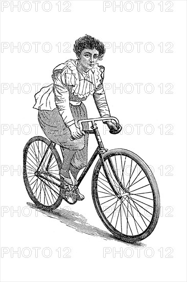 End of the 19th Century free spirited woman on a bike from On the road to health and happiness by Charles A. Vogeler Company [Advertising] Publication date 1897 [Next thing you she will want to vote]