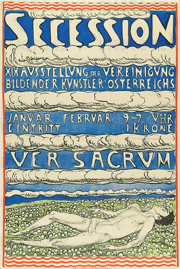 Ferdinand Hodler, Lithographic Institute Albert Berger, Secession. XIXth Exhibition of the Association of Austrian Visual Artists. Ver Sacrum, paper, lithograph, total: height: 94,5 cm; width: 63,6 cm, monogrammed: u. r. im Druck im Motiv: FH, exhibition posters, lying male nude, nude, lying figure, clouds, meadow, pasture