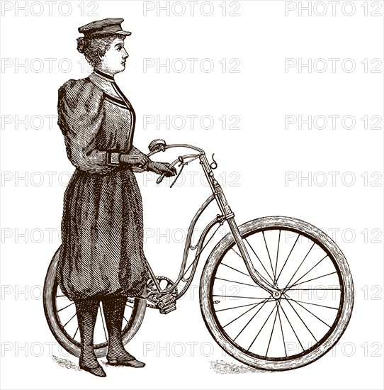 Woman from the 19th century wearing vintage sport clothing, standing beside her bicycle