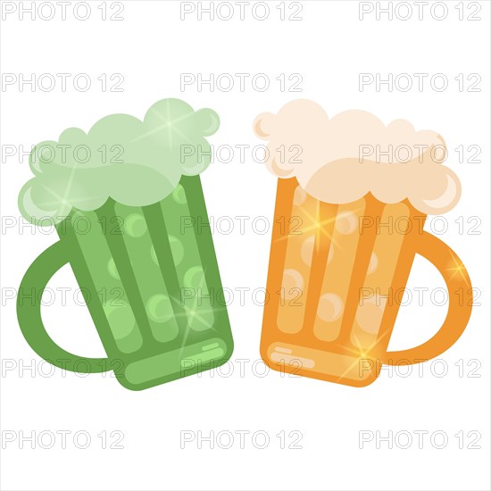 Pint of green ale and pint of beer isolated on white background close-up. Beer party symbol for St. Patrick's Day celebration.