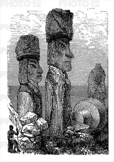 Antique 19th-century illustration of moai on Easter Island. Engraving published in Systematischer Bilder-Atlas zum Conversations-Lexikon, Ikonographis