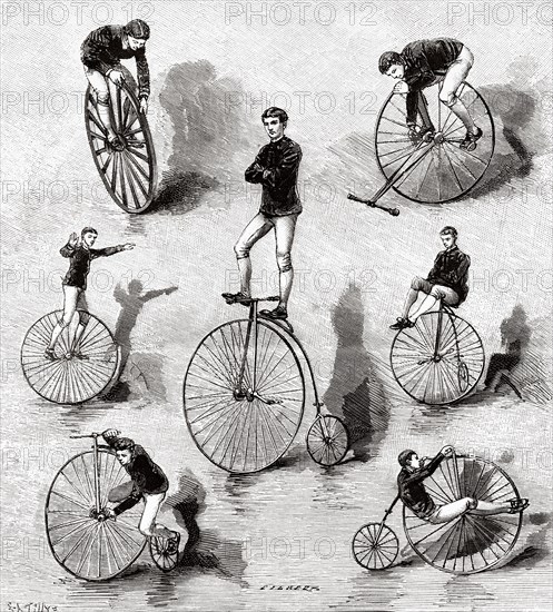 Dan Cabary Velocipedic Exercises. Old 19th century engraved illustration from La Nature 1888