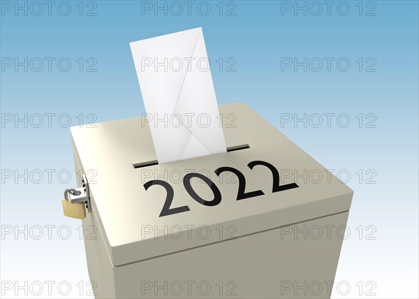 3d illustration of 2022 title on ballot box, isolated over blue gradient.