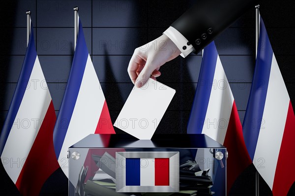 France flags, hand dropping ballot card into a box - voting, election concept - 3D illustration