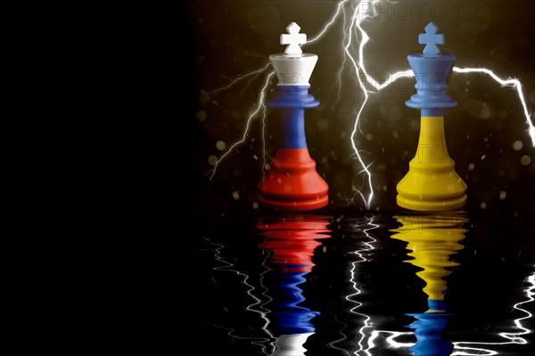 Ukraine and Russia flags paint over on chess king. 3D illustration Ukraine vs Russia crisis.