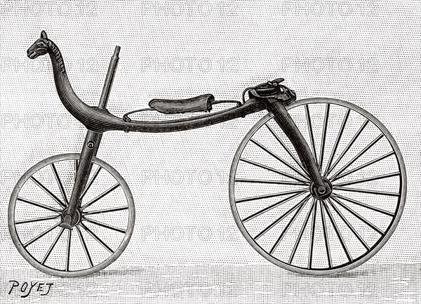Velocipede. Balance bike made in 1820 in Onzain, Loir-et-Cher. Old 19th century engraved illustration from La Nature 1897