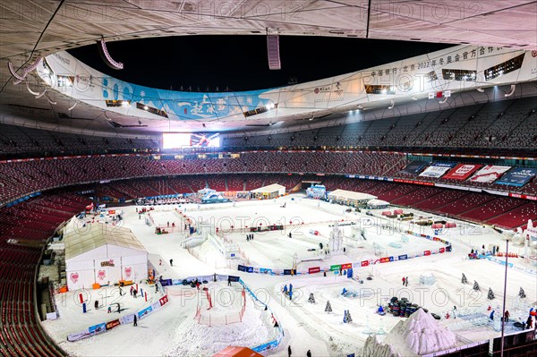 Night view from inside the vast Bird's Nest National Stadium preparing for the 2022 Beijing Winter Olympics