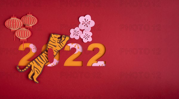 Chinese New Year. Decoration with traditional Chinese New Year motifs, cut out paper decorations on red cardboard background. Copy space.
