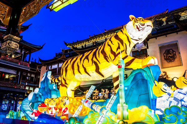 Year of the Tiger decorations for Chinese New Year in the touristy ‘Shanghai old town’ with traditional style buildings in Shanghai, China.