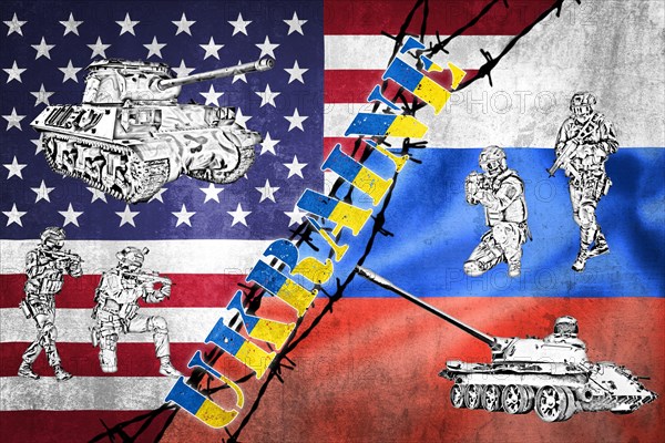 War games between Russia and USA over Ukraine on grunge flags illustration, pointing at each other, concept of tense relations between west and Russia