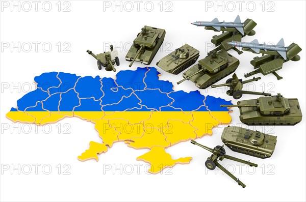 Military attack on Ukraine. Combat vehicles near Ukrainian map. 3D rendering isolated on white background