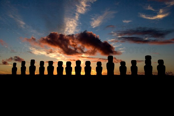 Ahu Tongariki, on the south coast of Easter Island, Rapa Nui, South Pacific, Polynesia, Tongariki at dawn, sunrise