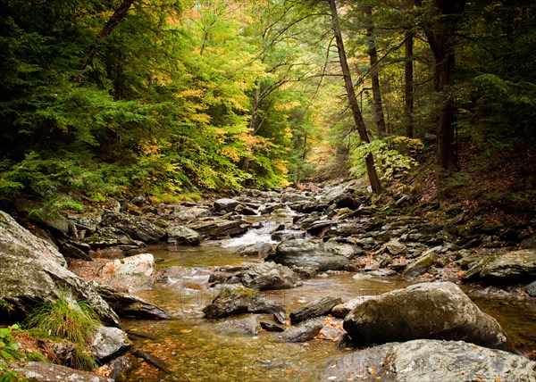 Long duration image of water flowing over boulders and mossy rocks in autumn