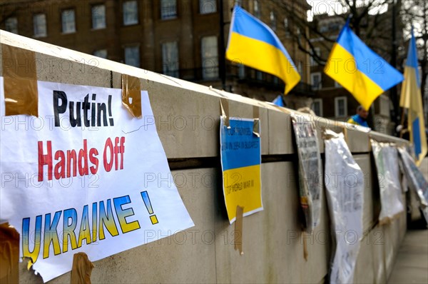 Pro-Ukrainian demonstrators in Whitehall opposite Downing Street, protesting against Russia's involvement in Crimea. 4th March 2014