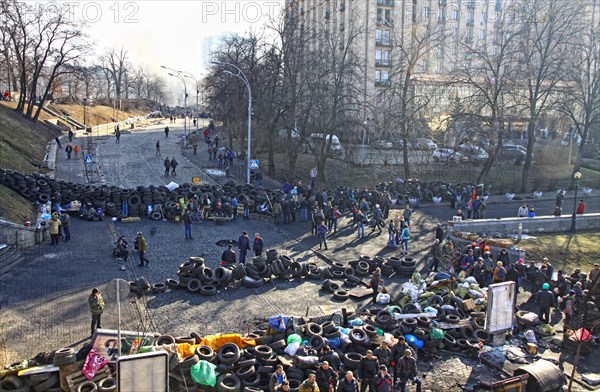 KYIV, UKRAINE - FEBRUARY 21, 2014: Barricades on Institutska street during anti-government protests in Kyiv