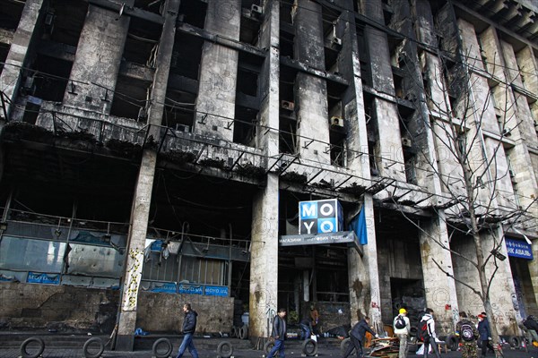 KYIV, UKRAINE - FEBRUARY 21, 2014: Trade Union building, which had been used as an opposition base at Maidan Nezalezhnosti (Inde