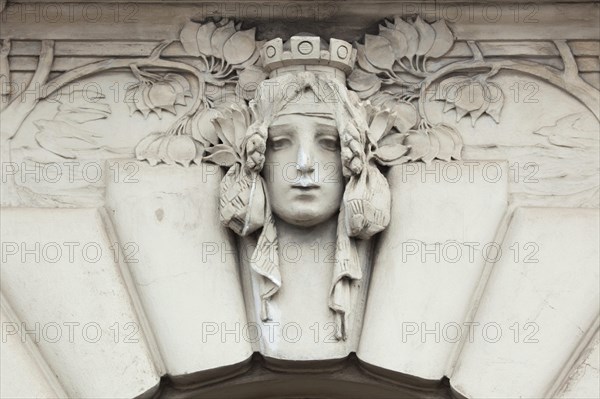 Allegorical mascaron dedicated to European Railways on the Art Nouveau building of the Main Railway Station in Prague, Czech Rep