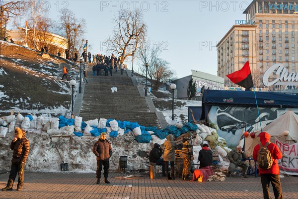 KIEV, UKRAINE - DECEMBER 14: Demonstrators guard EuroMaidan barricades on Khreshchatyk street during peaceful protests against the Ukrainian president