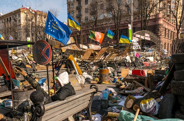 Kiev, Ukraine - February 26, 2014: Barricade in Kiev on Maidan Square during the revolution.