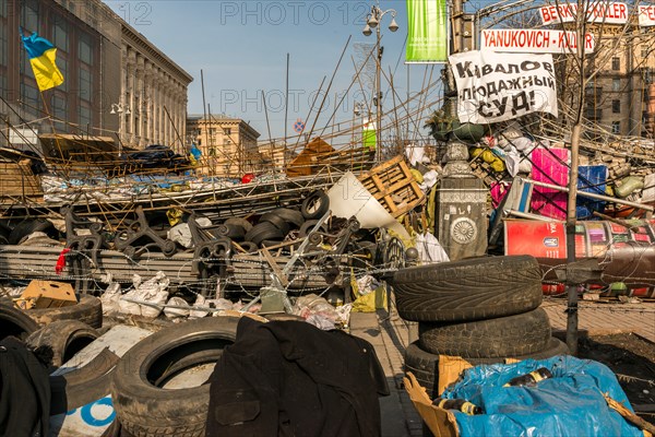 Kiev, Ukraine - February 26, 2014: Barricade in Kiev on Maidan Square during the revolution.