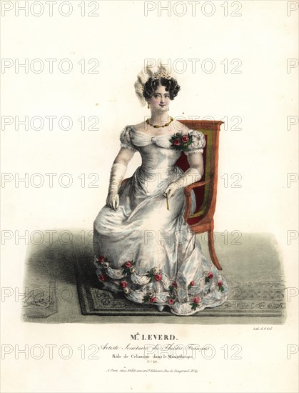 Dancer and actress Mlle. Emilie Leverd as Celimene in Le Misanthrope by Moliere, Theatre Francais, 1808. Handcoloured lithograph by F. Noel after an illustration by Alexandre-Marie Colin from Portraits d'Acteurs et d'Actrices dans different roles, F. Noel, Paris, 1825.