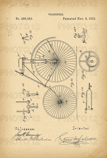 1892 Patent Velocipede Bicycle history 
invention