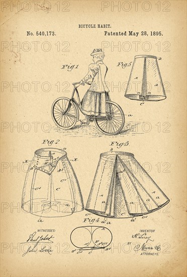1895 Patent Velocipede victorian fashion style Bicycle history gothic apparel dress clothes costume skirt