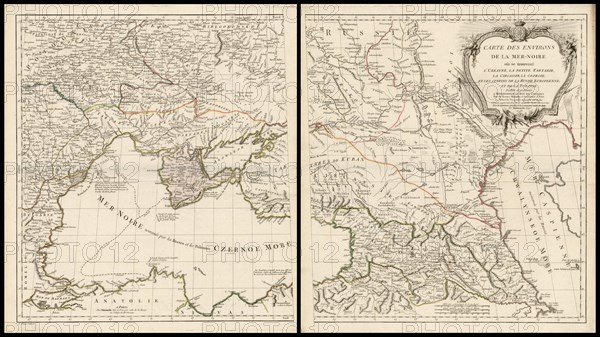 . Français : Charles Francois Delamarche: Carte Des Environs De La Mer-Noire ou se trouvent L'Ukrayne, La Petite Tartarie, La Circassie, La Georgie, Et Les Confins De La Russie Europeenne, Et De La Turquie. 1783. English: Hiighly detailed two sheet map of the region from Poland, the Ukraine and the Black Sea in the West to the Caspian Sea in the East. Includes large decorative cartouche. Engraved by Dussy and originally issued by De Vaugondy.  . Paris / 1783. Charles François Delamarche (1740-1817) Charles Francois Delamarche. Carte Des Environs De La Mer Noire ou se trouvent LUkrayne, La Peti