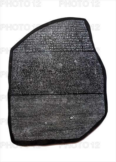 Reproduction of rosetta stone, key to deciphering Egyptian hieroglyphs. Isolated over a white background