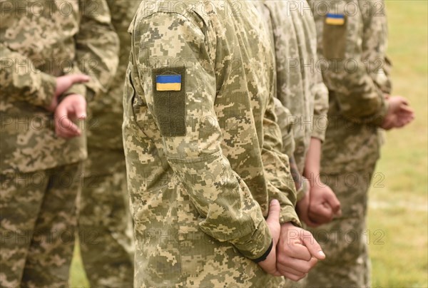 Ukraine patch flag on army uniform. Ukraine military uniform. Ukrainian troops