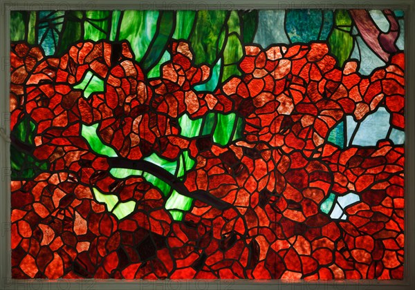 Art Nouveau stained glass window entitled 'Wienerwald' ('Vienna Woods') by Austrian artist Adolf Michael Boehm (Adolf Böhm) in the former Wagner Villa I in Vienna, Austria. The villa designed by Austrian modernist architect Otto Wagner and built in 1886-1888 in Hütteldorf district. The building was acquired and rebuilt by Austrian artist Ernst Fuchs in the 1970s and is now housing the Ernst Fuchs Museum.