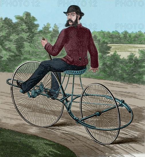 Velocipede. 19th century. Engraving.