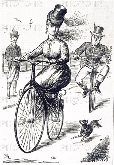 A cartoon depicting a couple cycling along the promenade. Dated 19th century