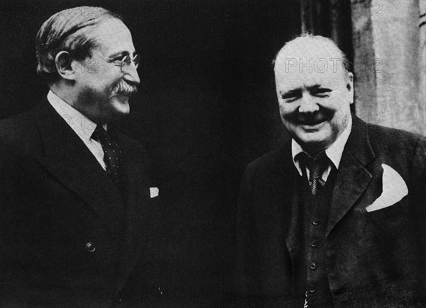 Winston Churchill with Leon Blum, the French Socialist leader and former Prime Minister of France.. 10th May 1939.